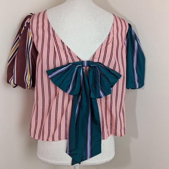 Maeve Taffeta Multicolor Striped Bow Swing  Blouse Size XS - Picture 7 of 8